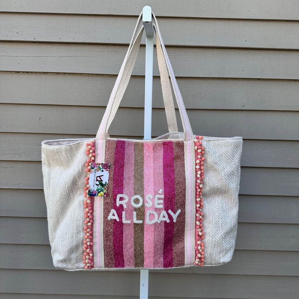 America & Beyond Rose' All Day Embellished Glitter Beaded Tote Bag Beach